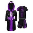 thumbnail image 1 of Oyolan Uniforme de Boxe pour Garçons 4 Pcs Ensemble de Boxe Cosplay Cape à Capuche avec Ceinture et T-shirts de Sport Ensemble de Shorts Violet 12, 1 of 5