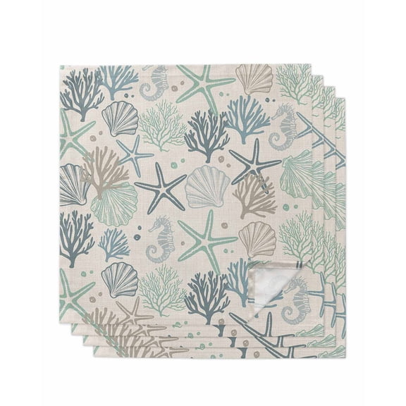 nqOlkjepod Turquoise Coastal Cloth Napkins Set of 4 Reusable Dinner Napkins, Green Ocean Starfish Shell Seahorse Cocktail Napkin Washable Table Napkins for Wedding/Holiday Party/Baby Shower 20"x20"