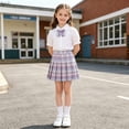 thumbnail image 6 of Cotton Two Piece Skirt Set for Girls Summer Puff Sleeve Collared Top Plaid Skirt Bow Tie Preppy School Uniform Outfit for Class Photos Party Recital, 6 of 6
