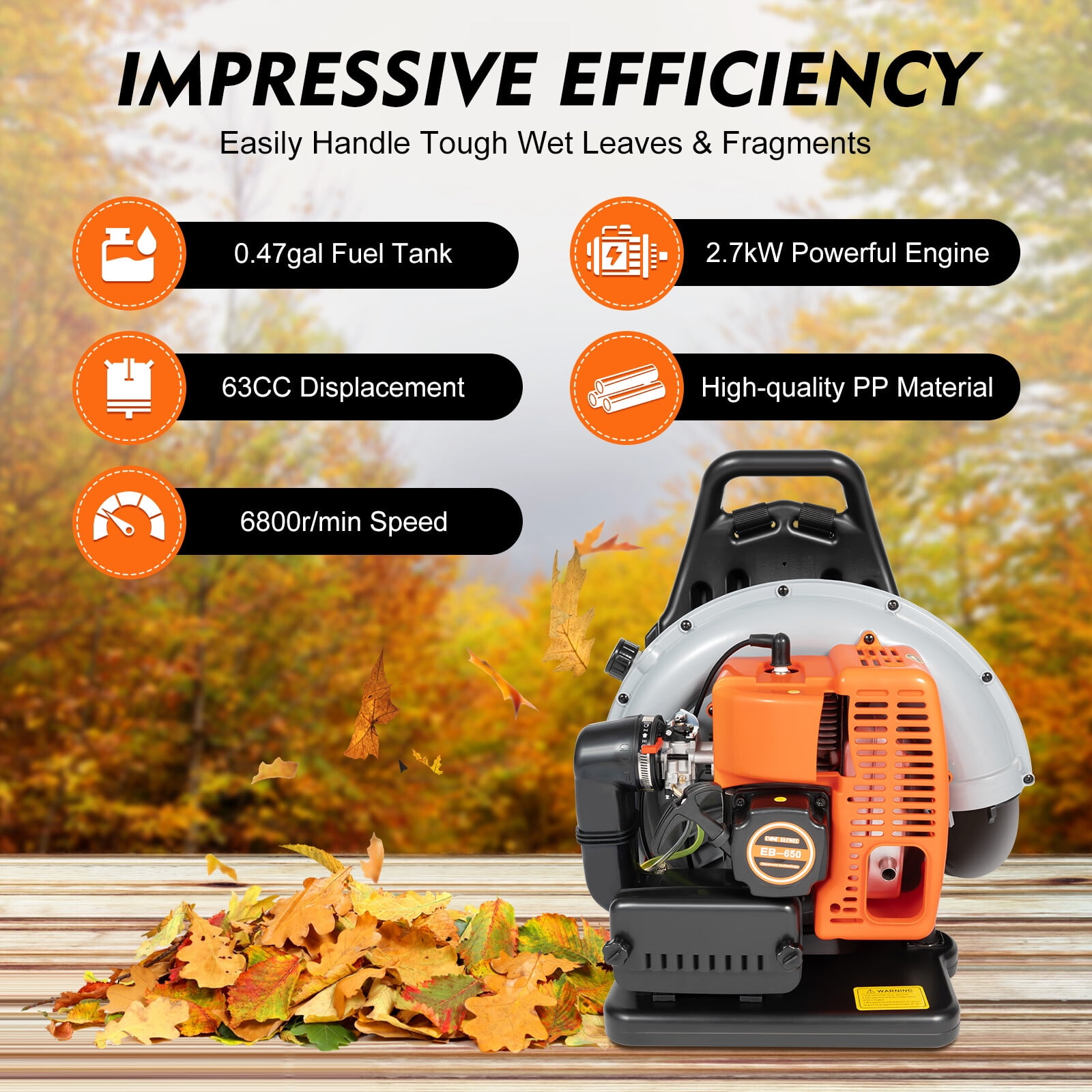 63CC 2-Stroke 2.7KW Backpack Leaf Blower, 6800r/min, Speed Adjustable, 4.3HP Gas Powered Leaf Blower for Commercial Use