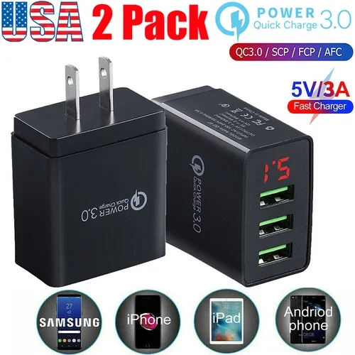 2-Pack 3 Port Qc 3.0 Fast Wall Charger Adapter Lcd Quick Usb Hub Charger Us Plug