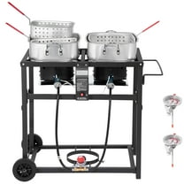 KFFKFF Outdoor Propane Deep Fryer, Dual-Tank 18QT x 2 Commercial Fryer, Portable Frying Cart with Wheels, 3 Baskets, 2 Thermometers, Stainless Steel Cooker for Fish, Wings, and Fries, 40,000 BTU