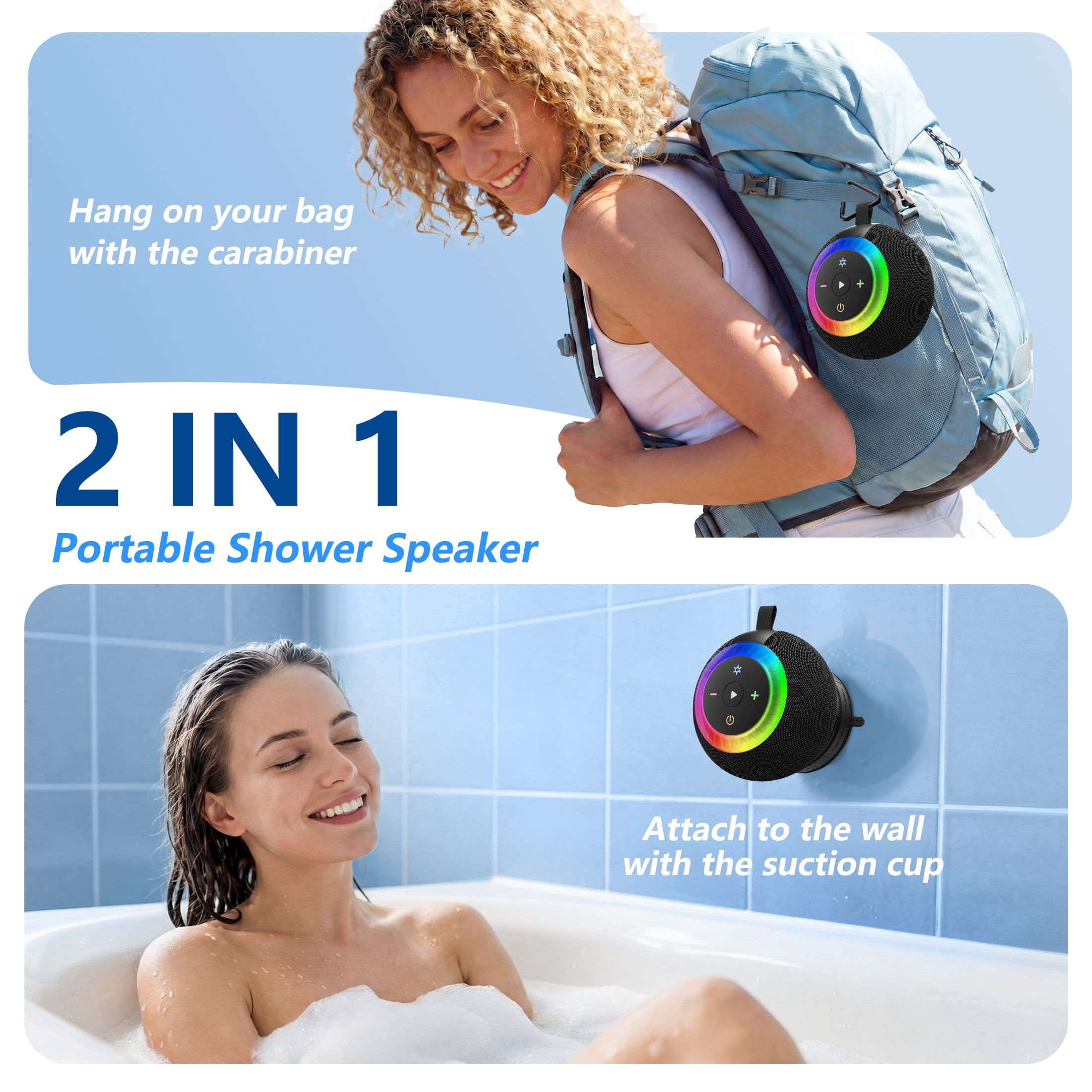 Portable Bluetooth Speaker, Waterproof Shower Speaker, IPX7 Removable Suction Cup with Vacuum Knob, 360° Surround Sound, RGB Lights, Outdoor Speaker Bluetooth for Pool, Beach, Kayak Essentials, Gifts