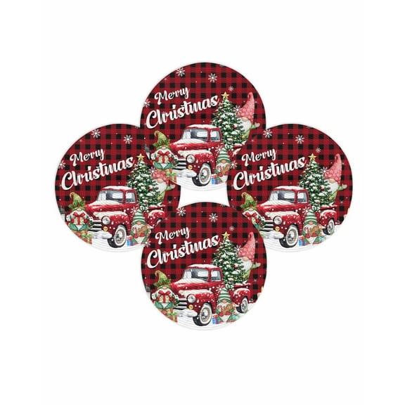 Christmas Round Placemats Set of 4 Merry Christmas Gnome Place Mats Washable Woven Placemat Xmas Trees Red Truck Plaid Circle Braided Table Mat for Kitchen Dining Table Party Home Decor 15 Inch