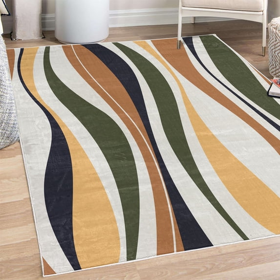 Vintage Decorative Rug, Retro Vibrant Stripes Funky Lines Design Patterns Abstract Print, Quality Carpet for Bedroom Dorm and Living Room, 6 Sizes, Evergreen Caramel, by Ambesonne