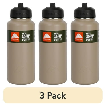 (3 pack) Ozark Trail 32 oz Insulated Stainless Steel, Wide Mouth Water Bottle, Loop Handle, Flip Lid, Tan