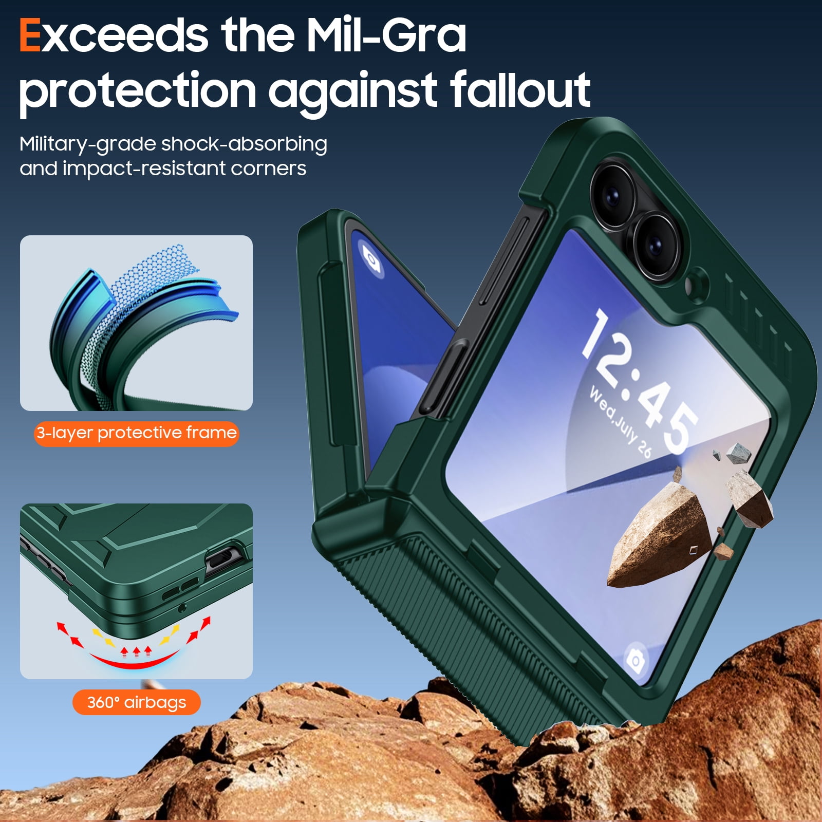 Oupeigar for Samsung Galaxy Z Flip 6/7 FE Phone Case,with Screen Protector,Wireless Charging,All-Inclusive Rugged Shockproof Phone Case-Green