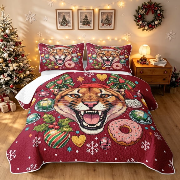 Manfei Christmas Lion Twin Quilt Set, Winter Holiday Gifts Twin Coverlet Set, Red, Black Reversible, 2pcs, 1 Bedspread and 1 Pillowcase