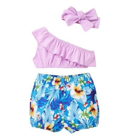 

QWERTYU Newborn Infant Baby Toddler Summer Sleeveless Clothing Set Ruffle Shirts and Shorts Set Outfits One Shoulder with Headband for Girl 0-2Y