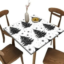 Fitted Square Table Cloth, Black and White Christmas Tree Pattern Printed on Polyester Elastic Outdoor Table Cover, Great for Cafes & Offices, Fit for 36" x 36" Square Tables