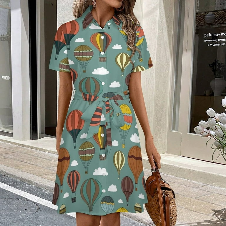 Hot Air Balloon Pattern Sky Womens Shirt Dresses Women'S Short Sleeve Dress  Turn-Down Collar Dress A Line Casuall Dress Oversize(XS-6XL) - Walmart.com