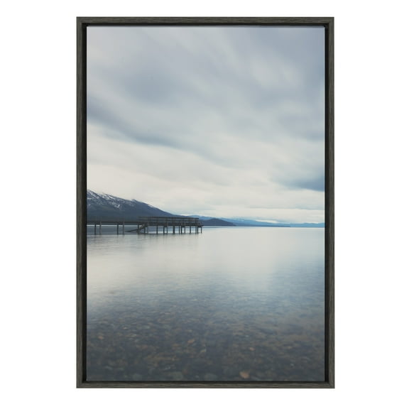 Kate and Laurel Sylvie Lake Tahoe Reflections Framed Canvas Wall Art by Laura Evans, 23x33 Gray, Decorative Calming Art for Wall