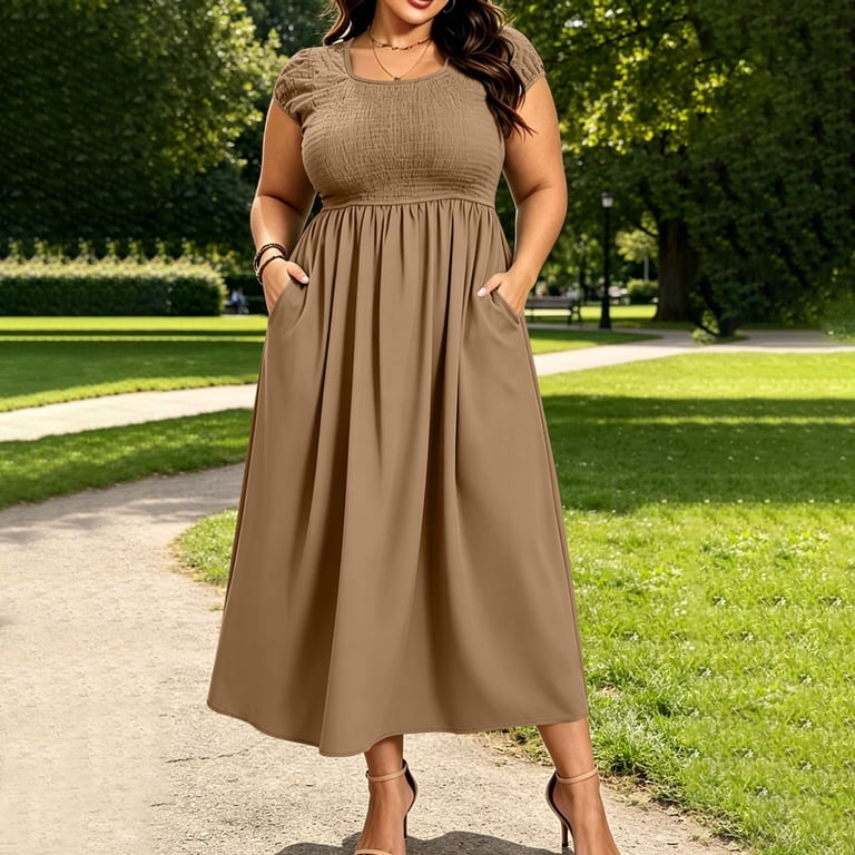 maxi dress for short and curvy SCOMCHIC Women's Plus Size Flowy Maxi Dress Flutter Short Sleeve Boho Dress Square Neck Smocked Formal Dresses for Women Army Green at Amazon Women's Clothing store