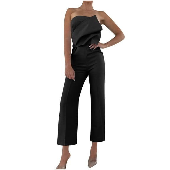 Strapless Jumpsuits for Women Dressy Sleeveless Bandeau Formal Romper One Piece Straight Leg Suit Pants