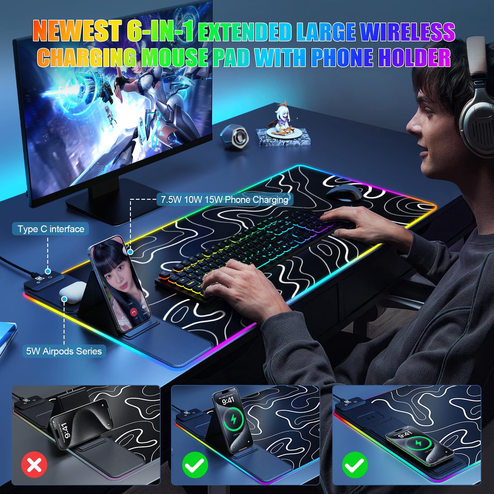 Miroddi RGB Gaming Mouse Pad with Wireless Charger, LED Mouse Mat with Phone Holder, Ultra-Smooth Surface, Non-Slip Rubber Base, Waterproof Keyboard Pad