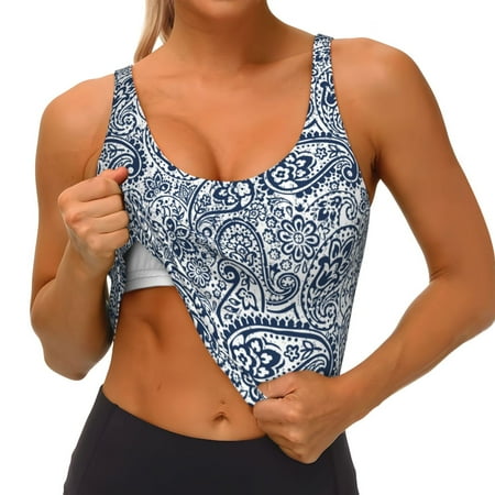 Qokaie Paisley4 Pattern Womens Scoop Neck Sports Bra Breathable Workout Vest Padded U Back Medium Impact Fitness Gym Yoga Bra Workout Crop Top