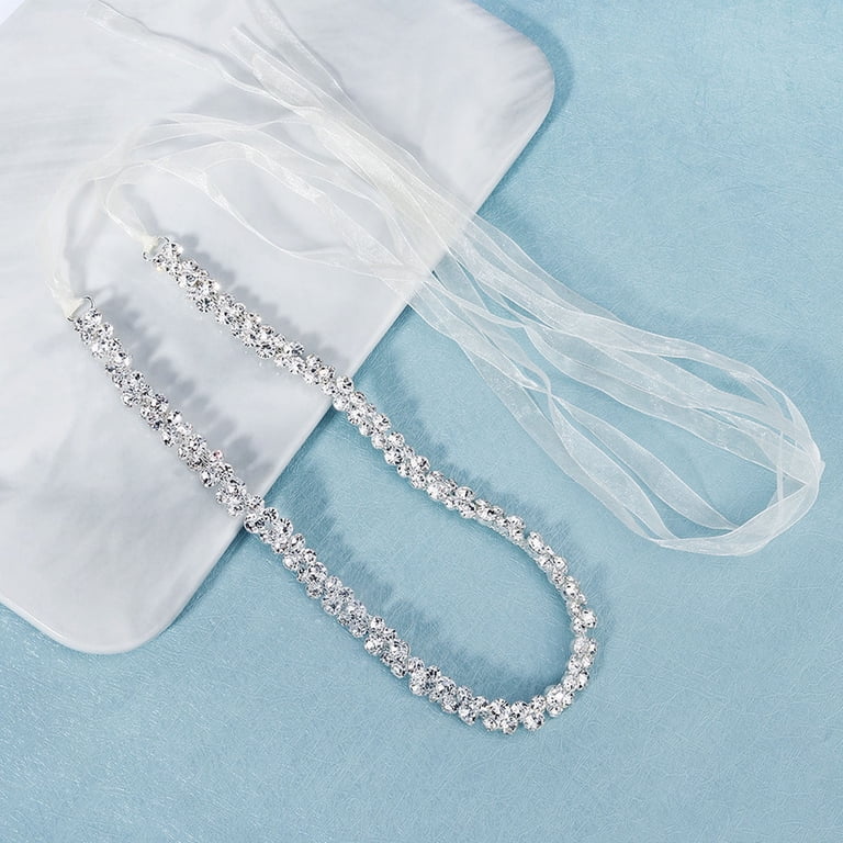 silver beaded belt for dress Bridal sash, Crystal headband - Crystal encrusted silk ribbon belt main image 0