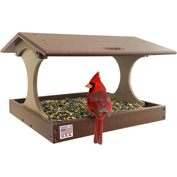 DutchCrafters Amish USA Made Poly Extra Large Fly Through Bird Feeder Post Mount for 4" x 4", Covered Bird Feeder Open Platform Seed Tray for Outdoor, Outside (Tudor Brown & Weatherwood)