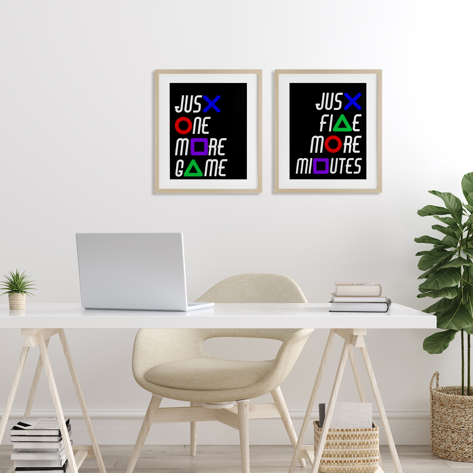Gamer Button Symbols Phrases 2 Piece Birch Framed Print Under Glass Set, design by Kim Allen
