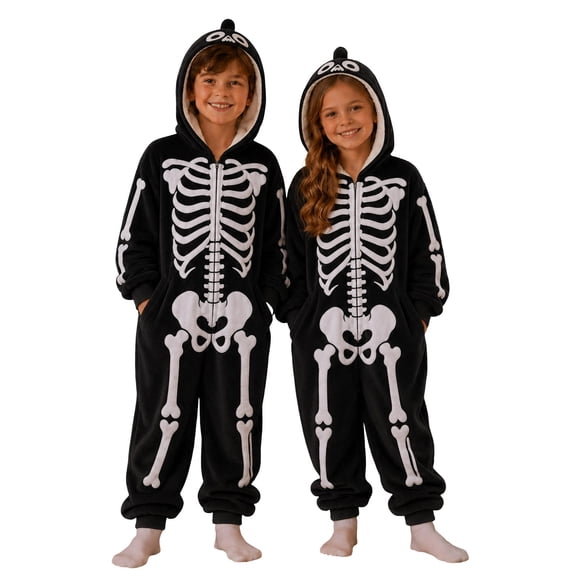 Krdevn Halloween Heart Bone Skeleton Zip Hooded Onesie Pocket Family Matching Loungewear Black,13-14 Years