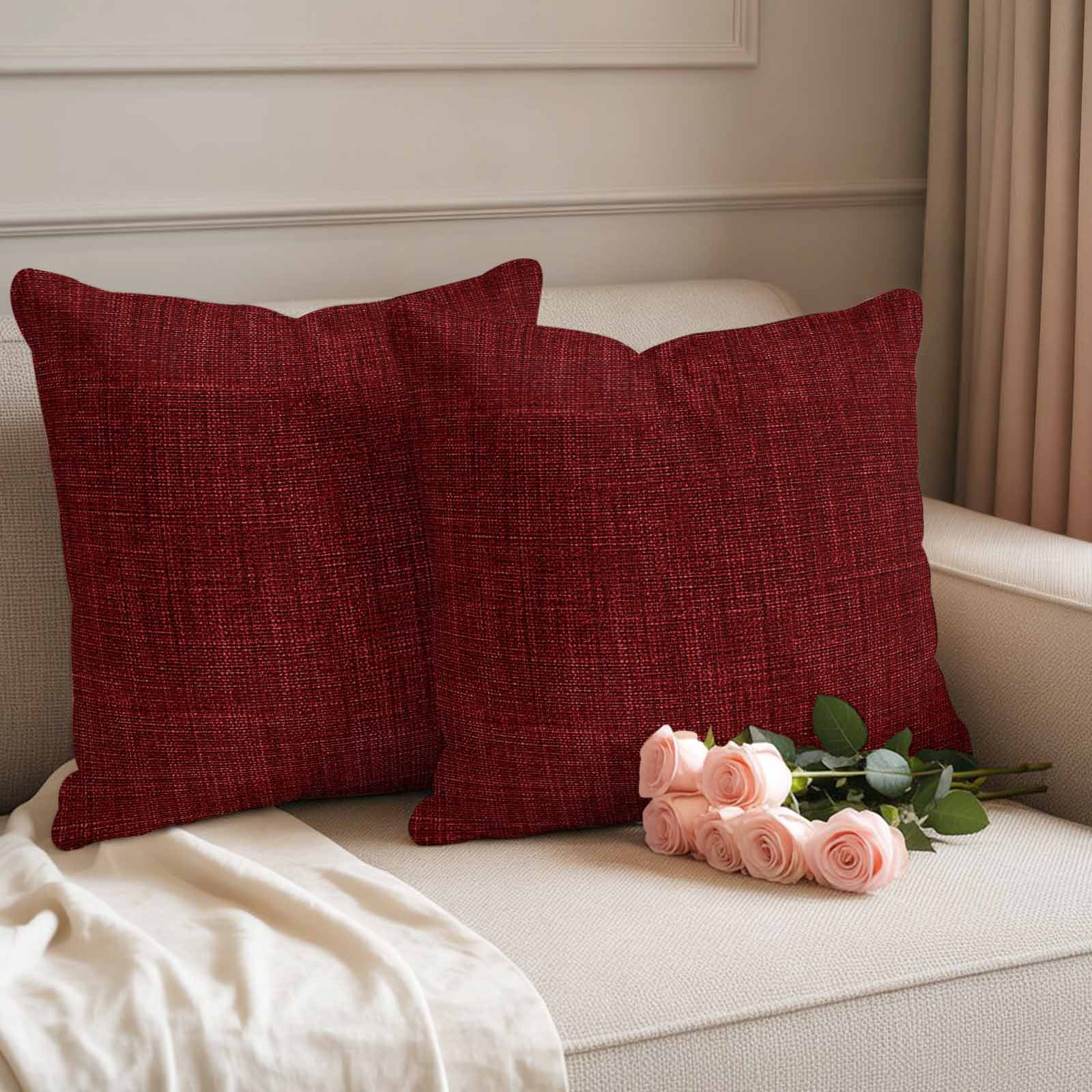 Waterproof Throw Pillow Covers 16x16 Set of 2, Classic Solid Dark Red Outdoor Pillowcases with Invisible Zipper, Vintage Monochrome Decorative Cushion Covers for Patio Garden Sofa Couch Balcony