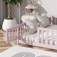 thumbnail image 6 of UHOMEPRO Queen Floor Bed with Fence and Door, Montessori Floor Bed for Kids, Toddler Bed Frame with Safety Guardrails and Slats, Wood Floor Bed Frame Queen Size, No Box Spring Needed, Pink, 6 of 11