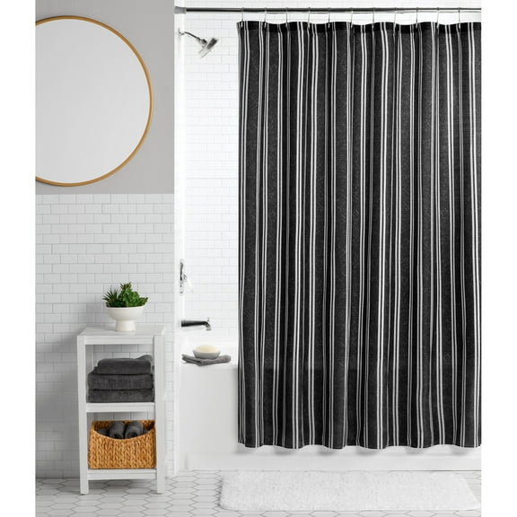 Mainstays Black Stripe 13 Piece Shower Curtain and Hook Set, 72 x 72, Black/White