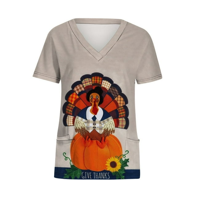 Hauts de Blouses pour Femmes à Manches Courtes Col en V Dinde de l\'Action de Grâce avec Poches Blouse