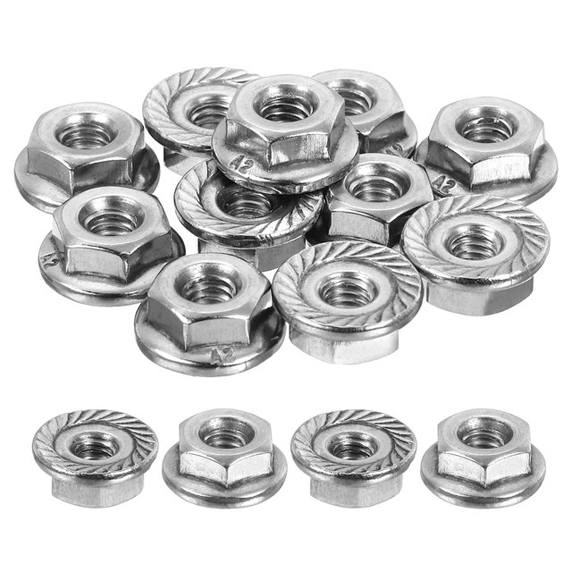 Tuercas de bloqueo hexagonales con brida serrada Uxcell #8-32, paquete de 20, tuerca de brida hexagonal de acero inoxidable 304, rosca completa, plateada