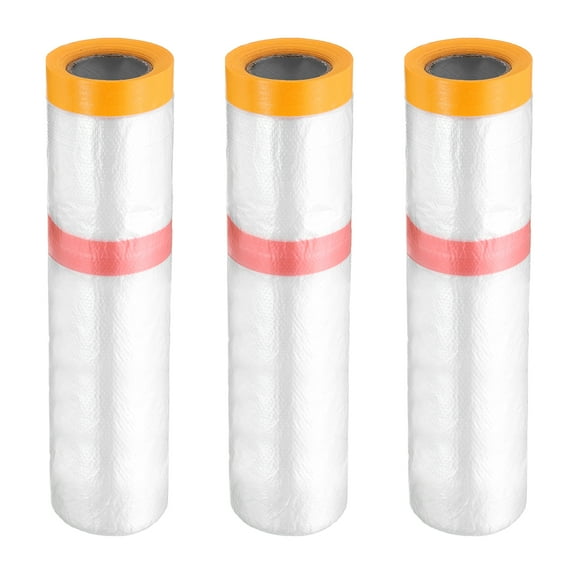 Uxcell 3 Rolls Pre-Taped Masking Film 126"x32.8ft Double Adhesive Tape and Drape Painters Plastic Drop Cloth Film with Tape Plastic Sheeting for Automotive Painting Covering