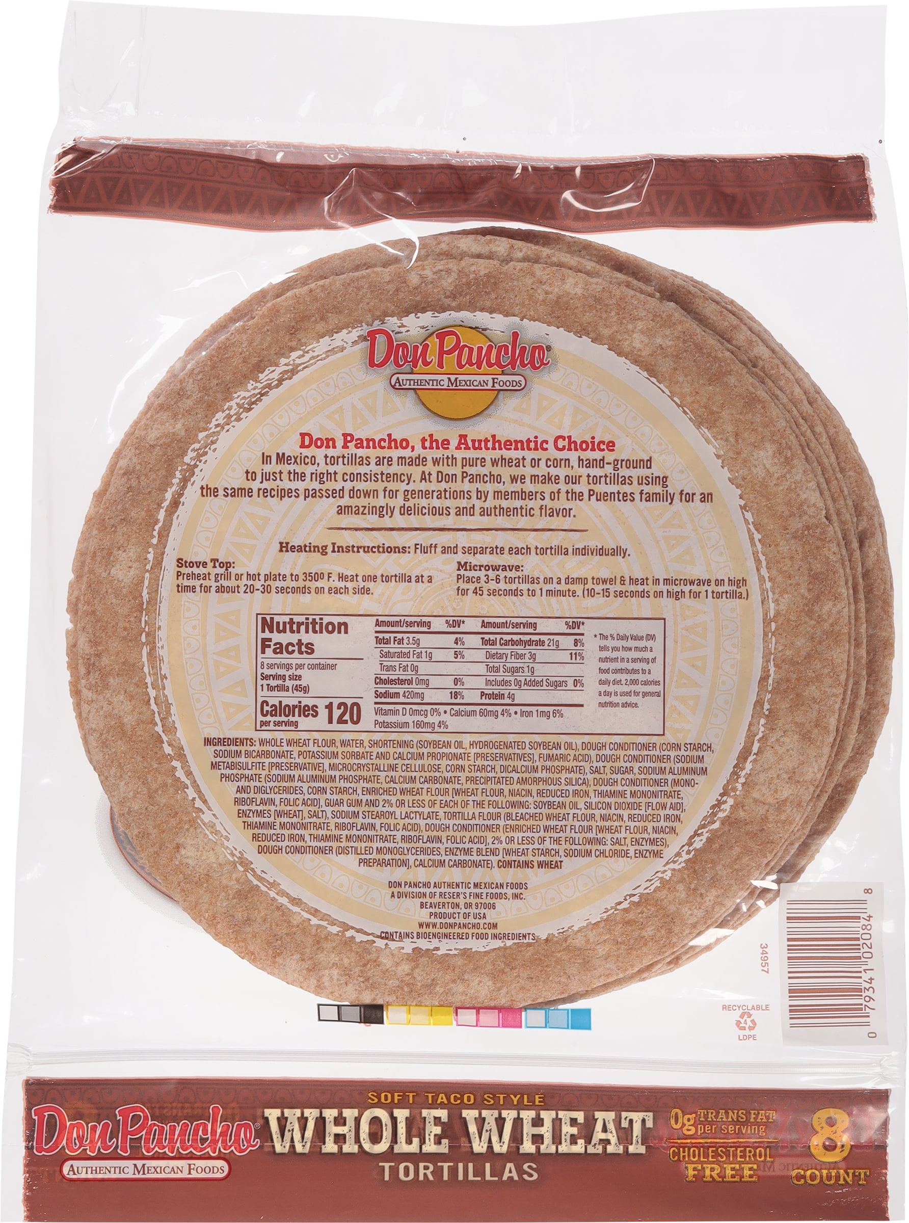 Don Pancho Whole Wheat Tortilla 8", 12.8 oz, 8 Count