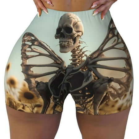 Workout Shorts Women  Skull Butterfly Sunflower Biker Shorts for Women Running Gym Spandex Shorts Tummy Control