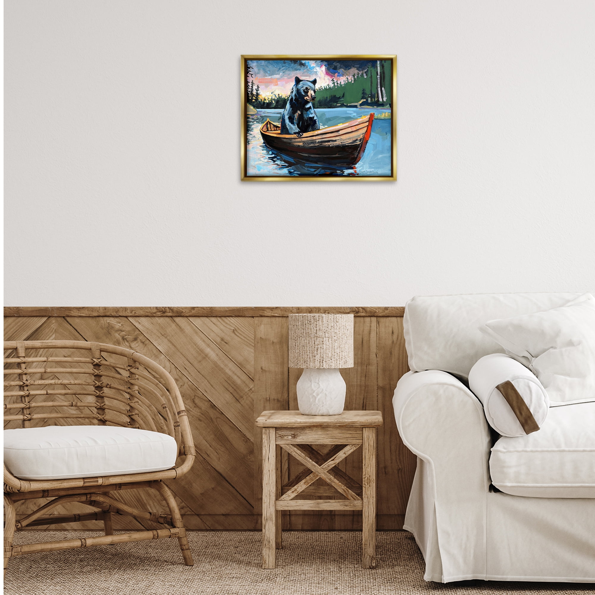 Stupell Industries Boating Black Bear Animals Painting Gold Floater Framed Canvas Art Print Wall Art, 21 x 17