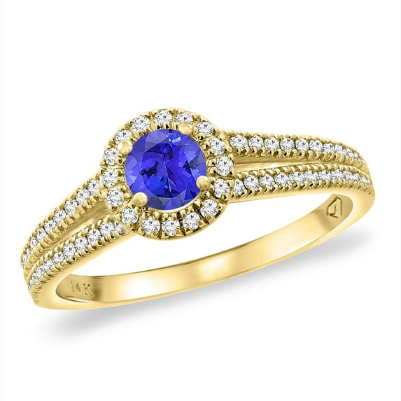 14K Yellow Gold Natural Tanzanite Split Shank Diamond Halo Engagement Ring 4mm Round, size 5
