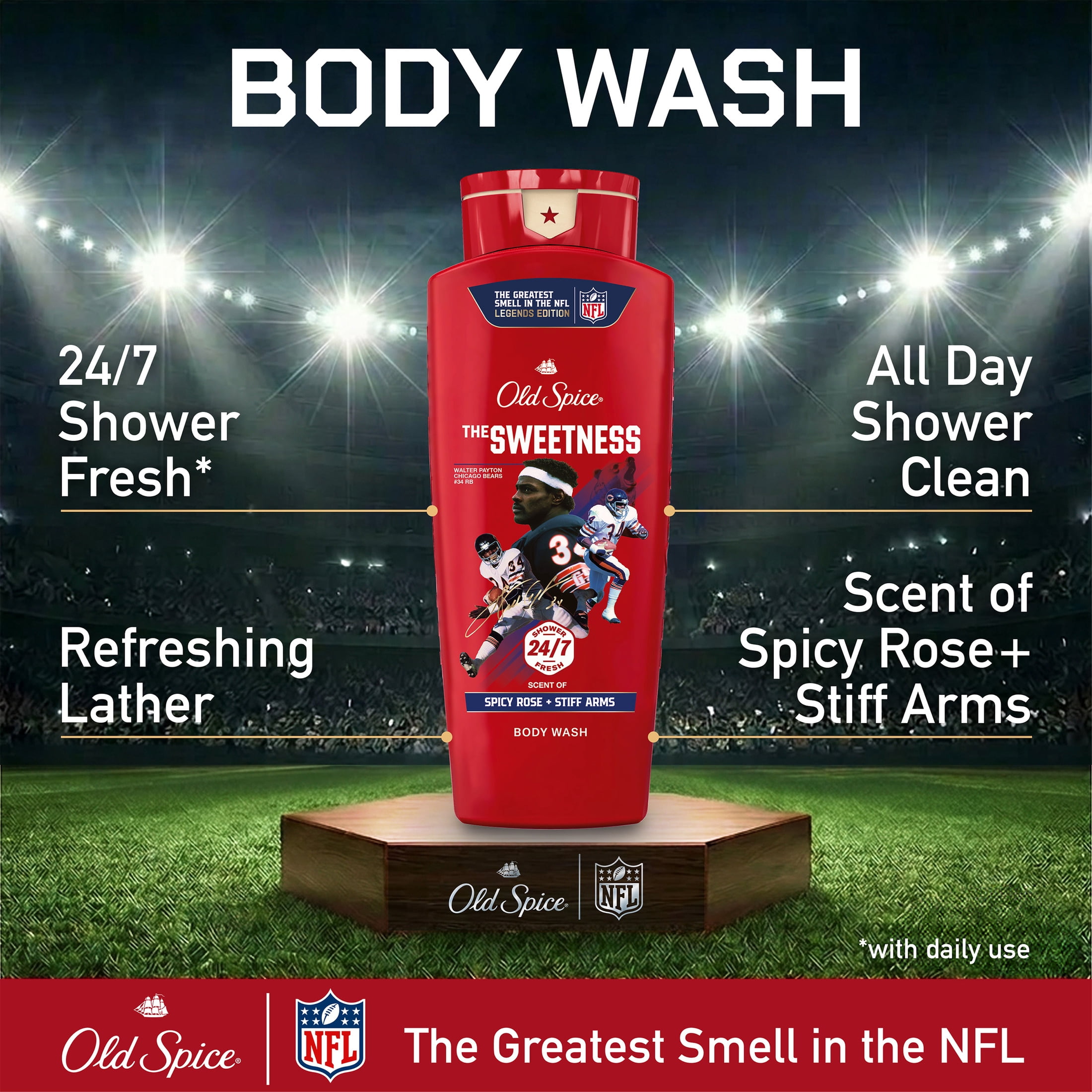 Old Spice Body Wash for Men, NFL Collection, Walter Peyton, Scent of Spicy Rose + Stiff Arms, 24 fl oz