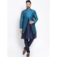 thumbnail image 1 of eloria Men's Indian Traditional Navy Blue Silk Blend Kurta with Churidar Pyjama and jacket Set, 1 of 7