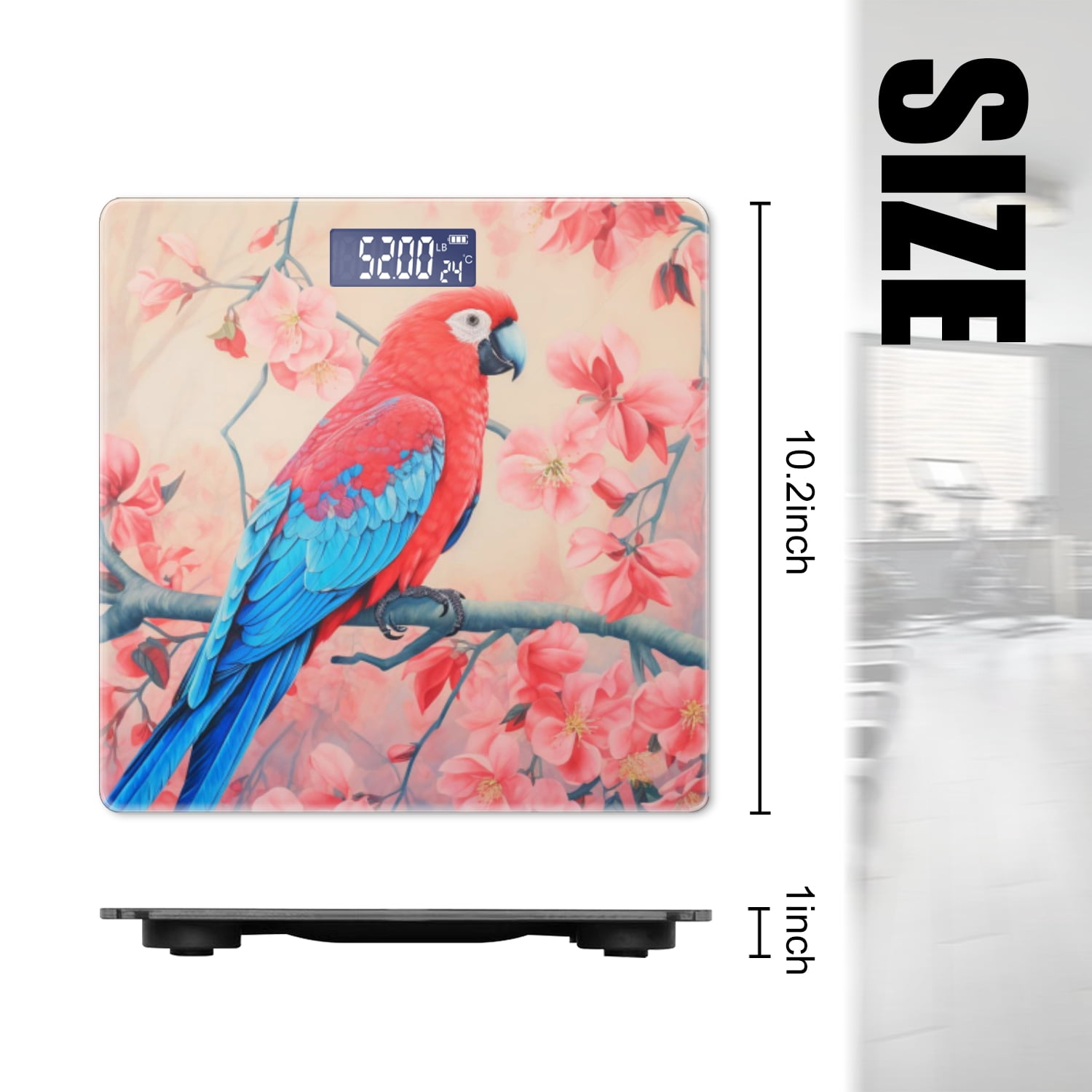 High Precision Body Weight Scale Smart Bathroom Scales with Large LCD Display(400lbs),Decorative for Bedroom-Red Parrot Sitting On The Branch Of Blooming Tree