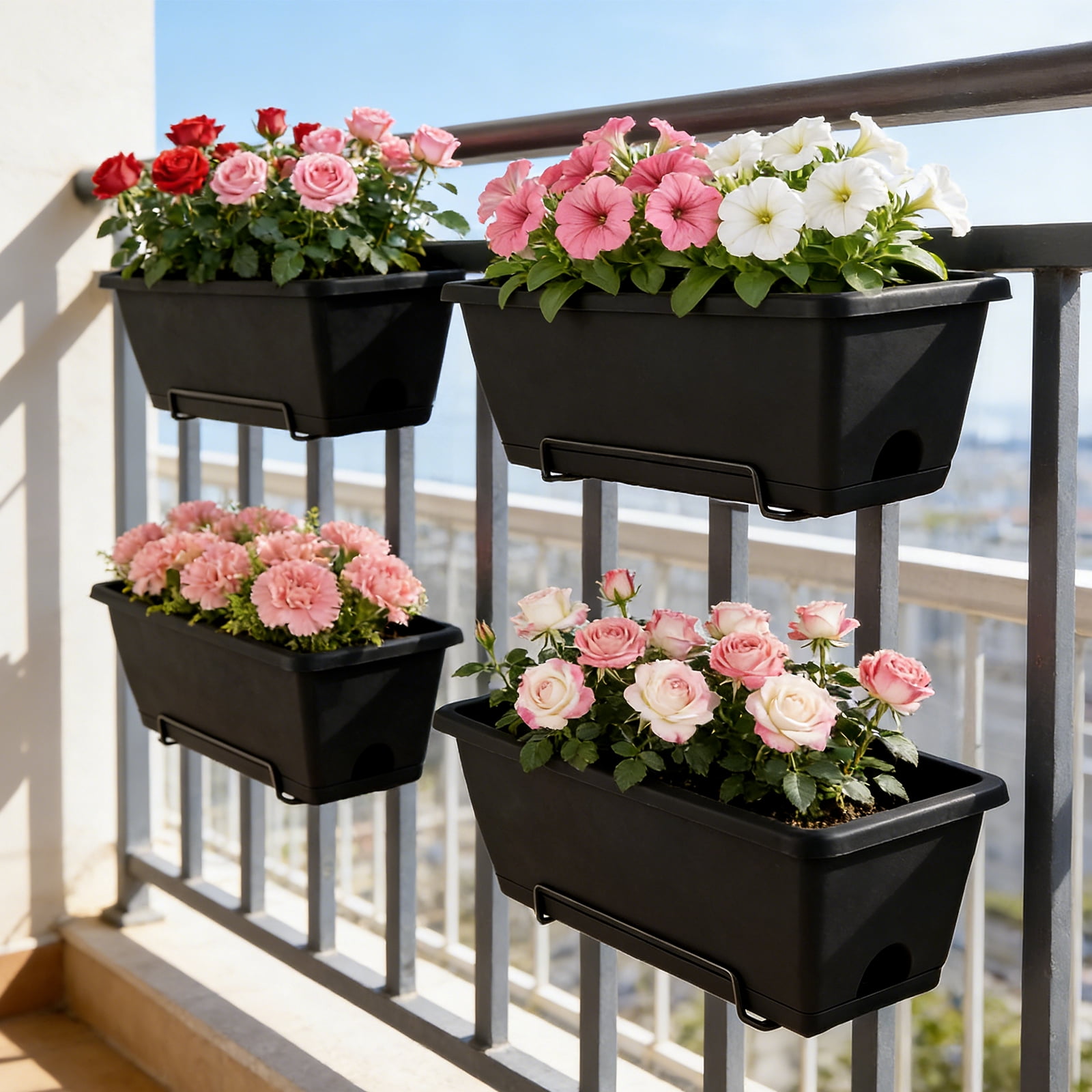 Railing Planter Boxes, Deck Rail Planter for Outdoor Plants, Hanging Railing Window Boxes Planter with Drainage Tray, Window Flower Pots with Brackets, for Over Rail Porch Fence, Balcony & Home Decor