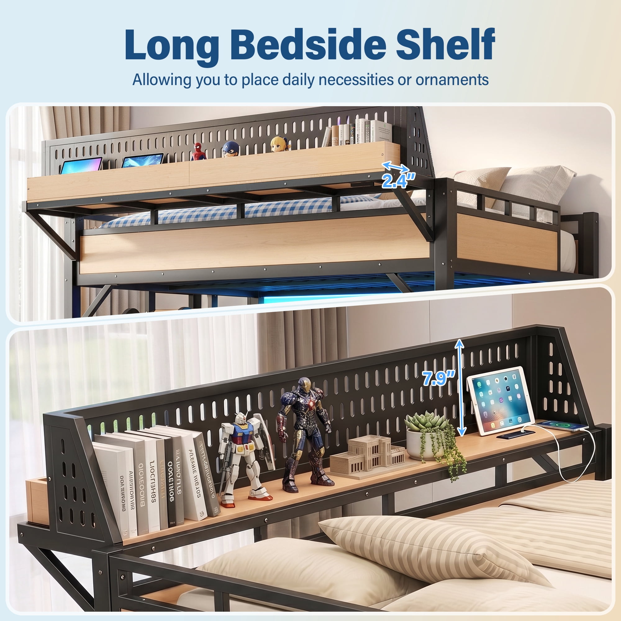 Aukfa Queen Loft Bed with Slide, Shelves, Wardrobe, USB Ports & LED Lights, Heavy-Duty Metal Bed Frame for Kids Teens Adults, Natural