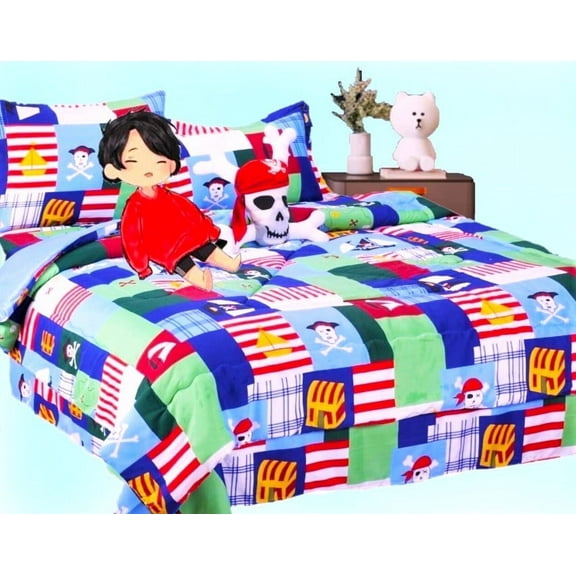 Bedding set twin 6pc pirates treasure complete bed in bag comforter with plushie toy friend and matching sheet set for kids