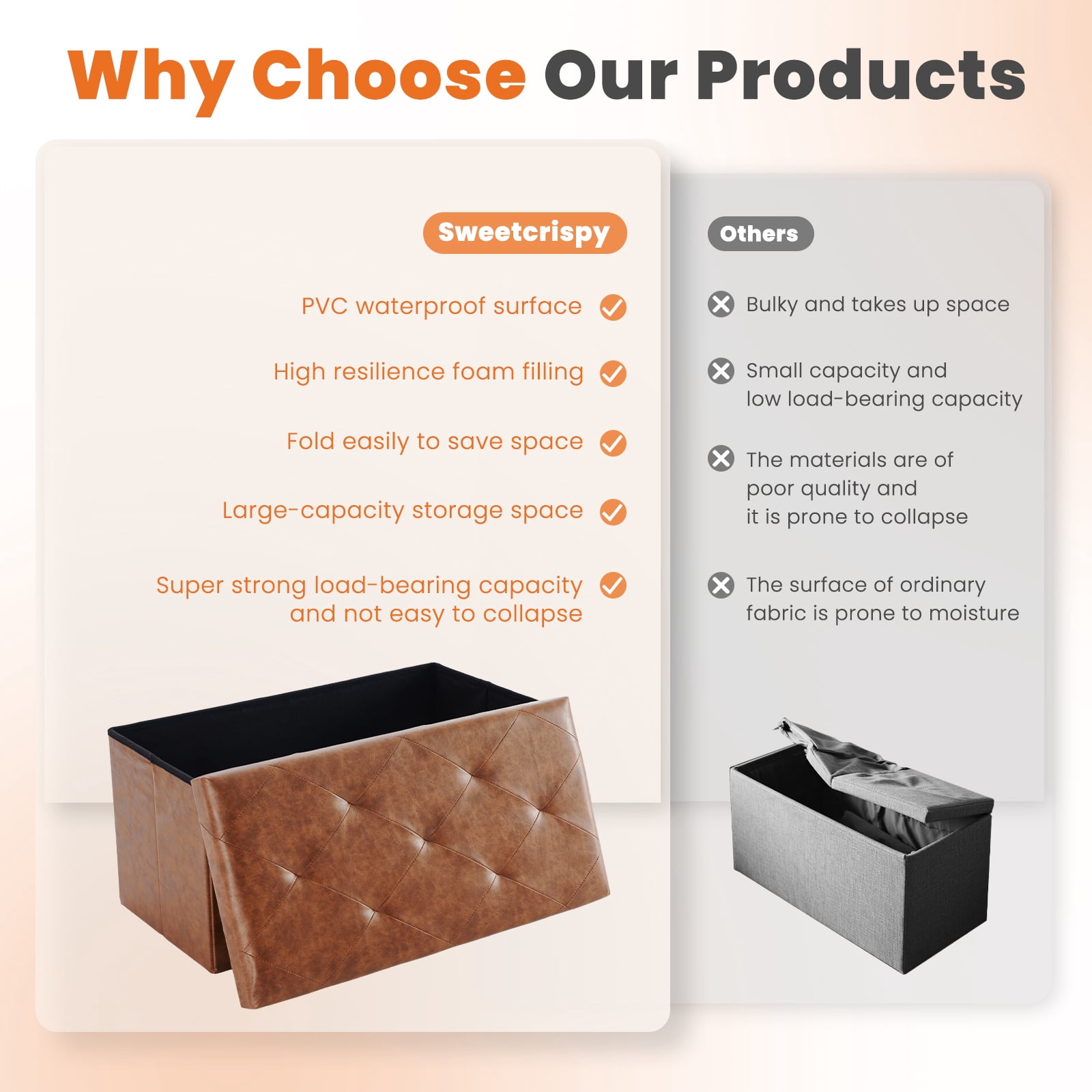 CONCETTA 30" Storage Ottoman Bench, Foldable Storage Chest, End of Bed Foot Stool with Padded Seat, Bedroom Bench, Support 660lbs, PVC Brown