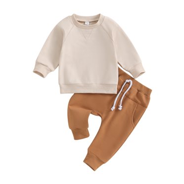 EYIIYE Toddler Baby Boy 2Pcs Fall Outfits Infant Long Sleeve Pullover Solid Color Sweatshirt Crew Neck Tops + Pocket Pants Set Newborn Cute Soft Clothes