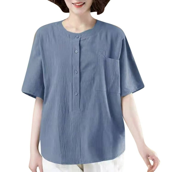 Women's Cotton Linen Shirts with Pocket Crew Neck Button down Tops Summer Casual Short Sleeve Plus Size Blouses (XL, Sky Blue)