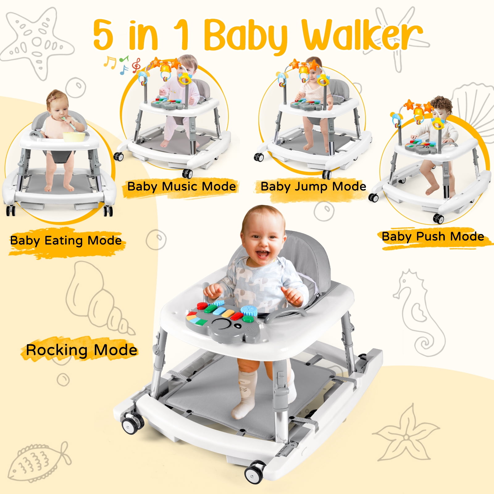 5-in-1 Foldable Baby Walker with Music & Lights – Adjustable Height, Bouncer, Wheels, Portable Toddler Walker for Baby Boys & Girls 6-18 Months, White