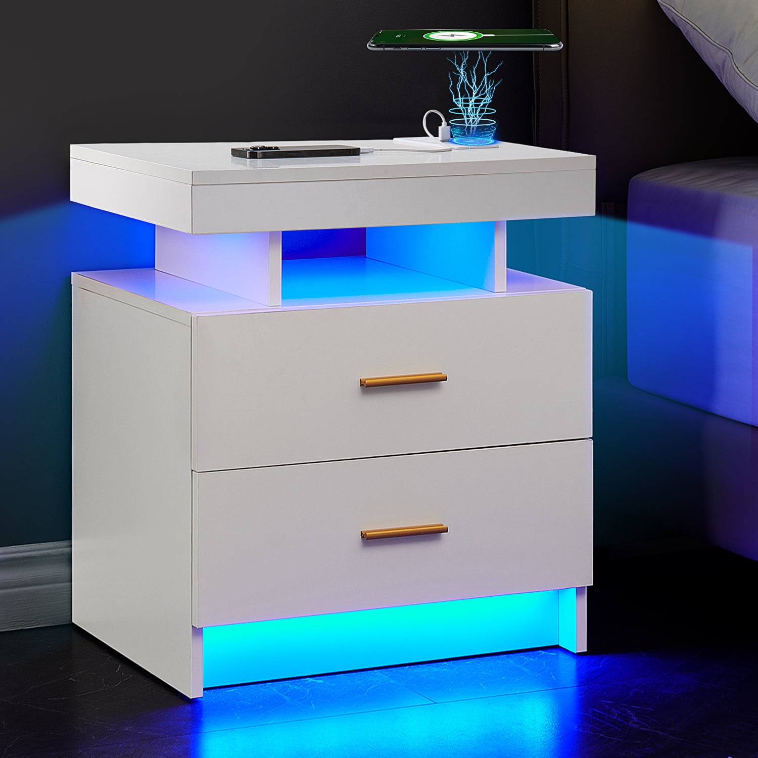 LED Nightstand, 2 Drawers Bedside Tables with Wireless Charging Station