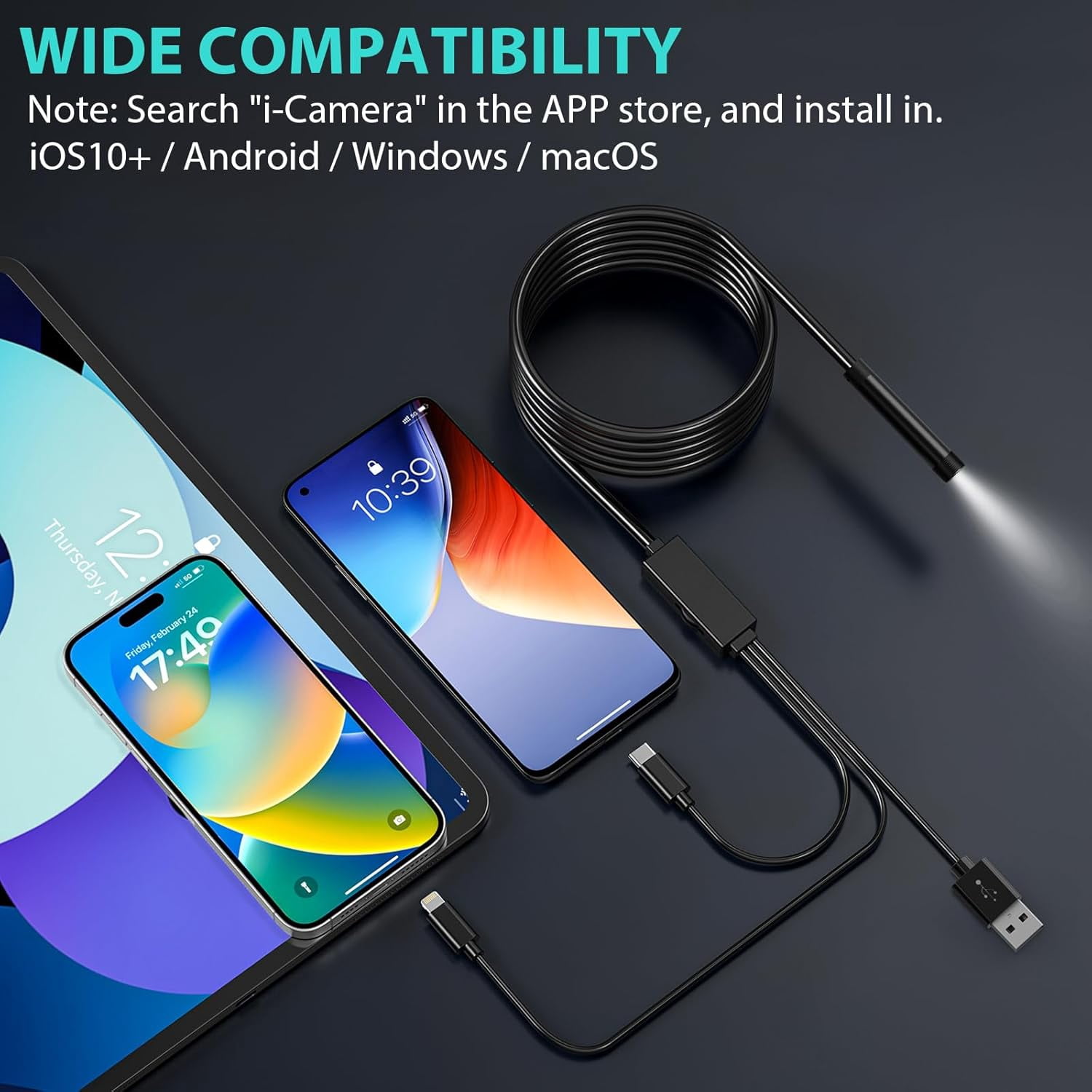 Endoscope Camera with Light, 1920P HD Borescope Inspection Camera, 16.4Ft Semi-Rigid Cord Scope Camera with 6 LED Lights, IP67 Waterproof Snake Camera for iPhone, Ipad, Android and Windows