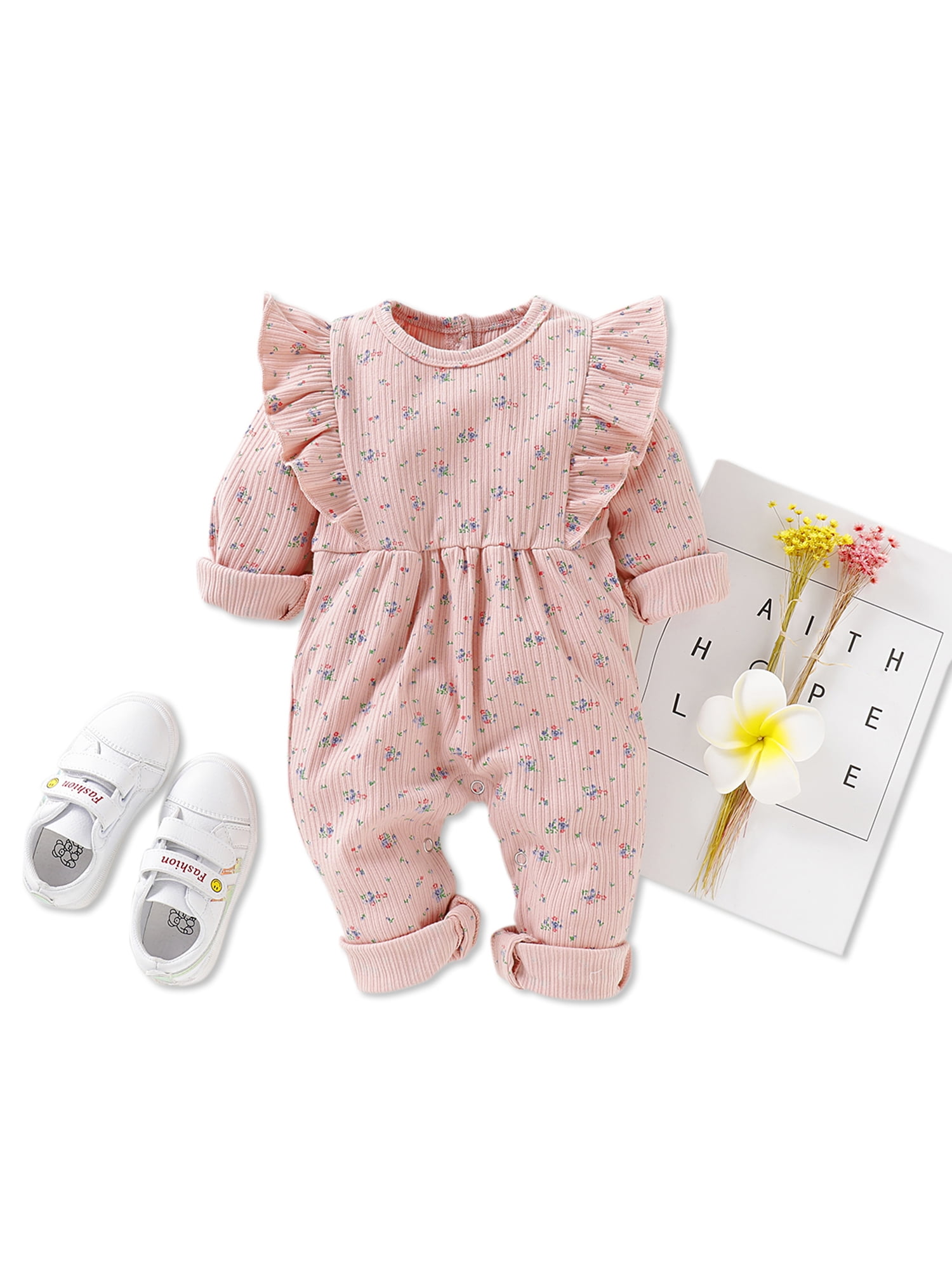 PatPat Baby Girl Ruffled Design Floral Allover Longsleeve Jumpsuit