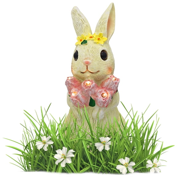 Solar Garden Statue Rabbit Figurine Outdoor Decor with Lantern Waterproof Resin Sculpture for Yard Patio Lawn Gifts for Mother's Day Birthday Housewarming Easte