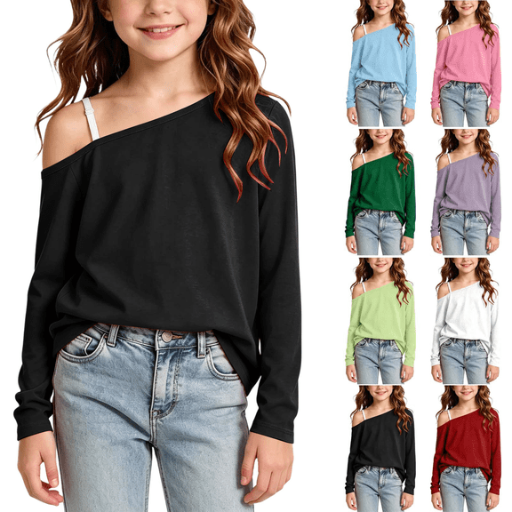 Qingpeng Girls Asymmetrical One Shoulder Top Long Sleeve Casual Pullover Shirt with Inner Strap