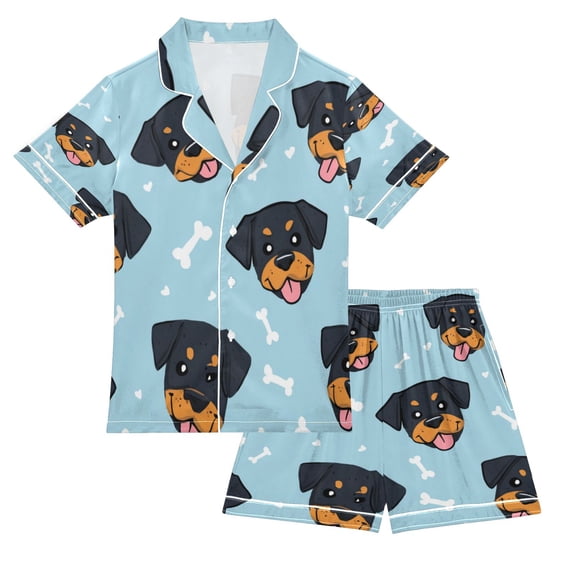 Silky Satin Kids' Pajama Set Breathable & Smooth Unisex Button-Down Pajamas Cartoon Dog Faces and Bones